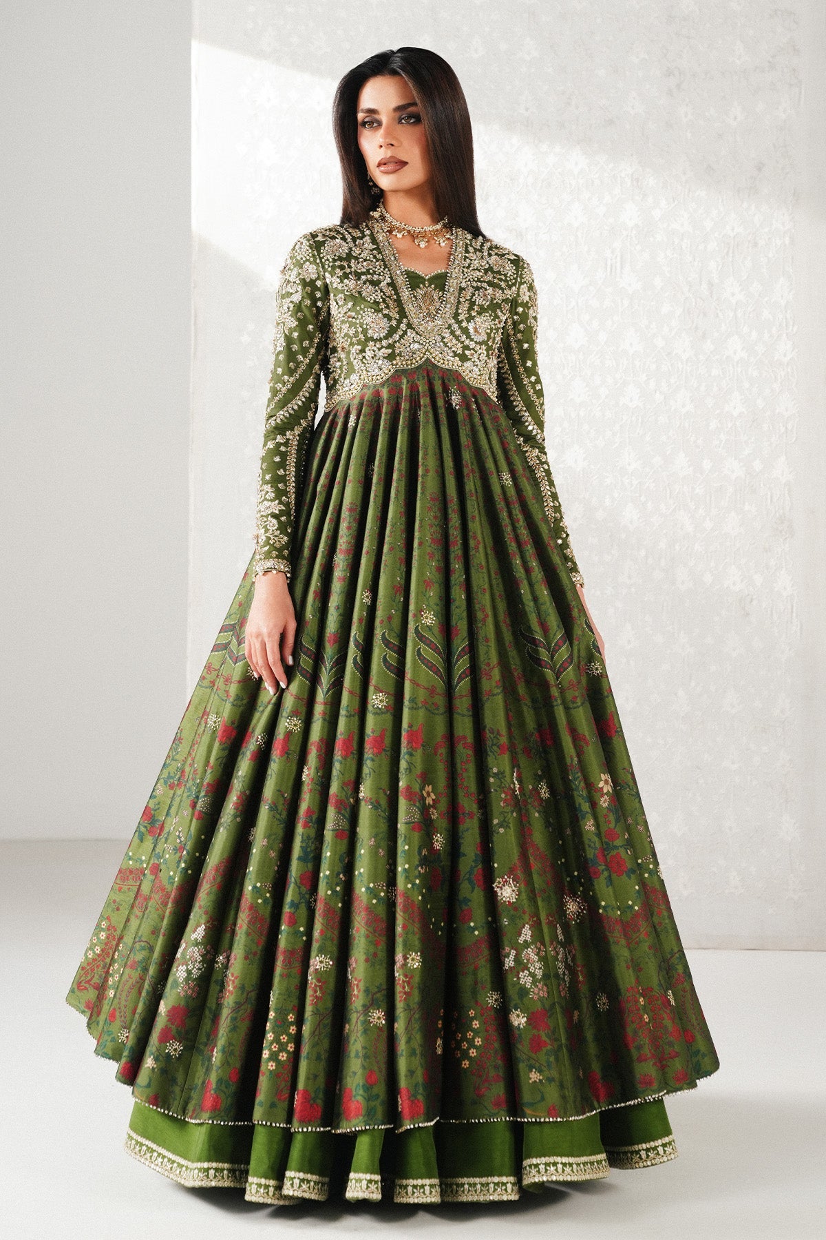 Saad Bin Shahzad Habyah – deep green printed raw silk pishwas with lehenga from Festive Pret'26