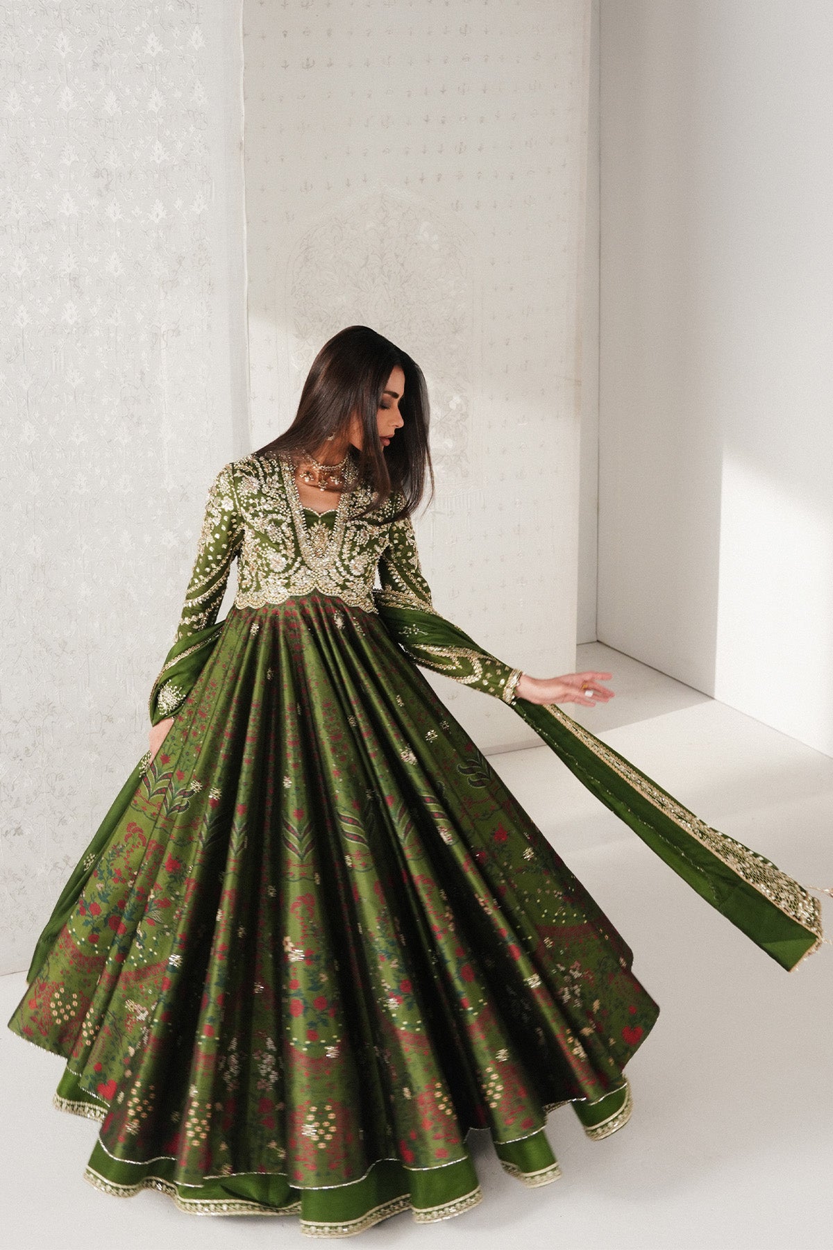 Saad Bin Shahzad Habyah – deep green printed raw silk pishwas with lehenga from Festive Pret'26 – view 2