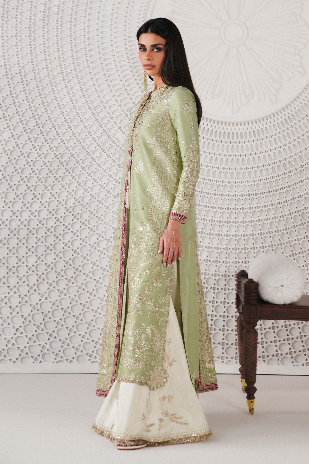 Saad Bin Shahzad Reeha – mint green embroidered raw silk front-open kurta with trousers from Festive Pret'26 – view 2