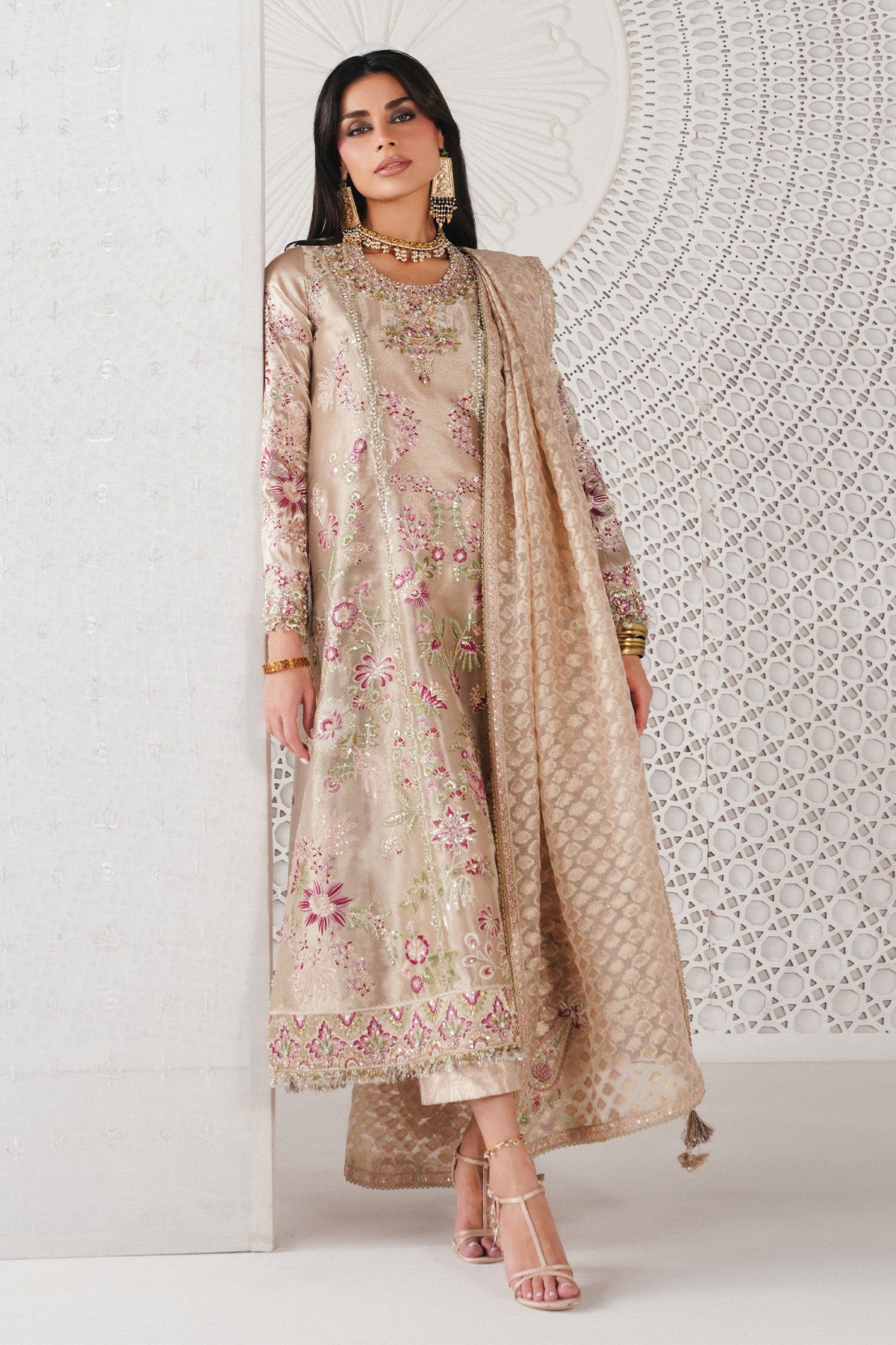 Saad Bin Shahzad Zari – rose gold embroidered Chanderi tissue kurta with culottes from Festive Pret'26