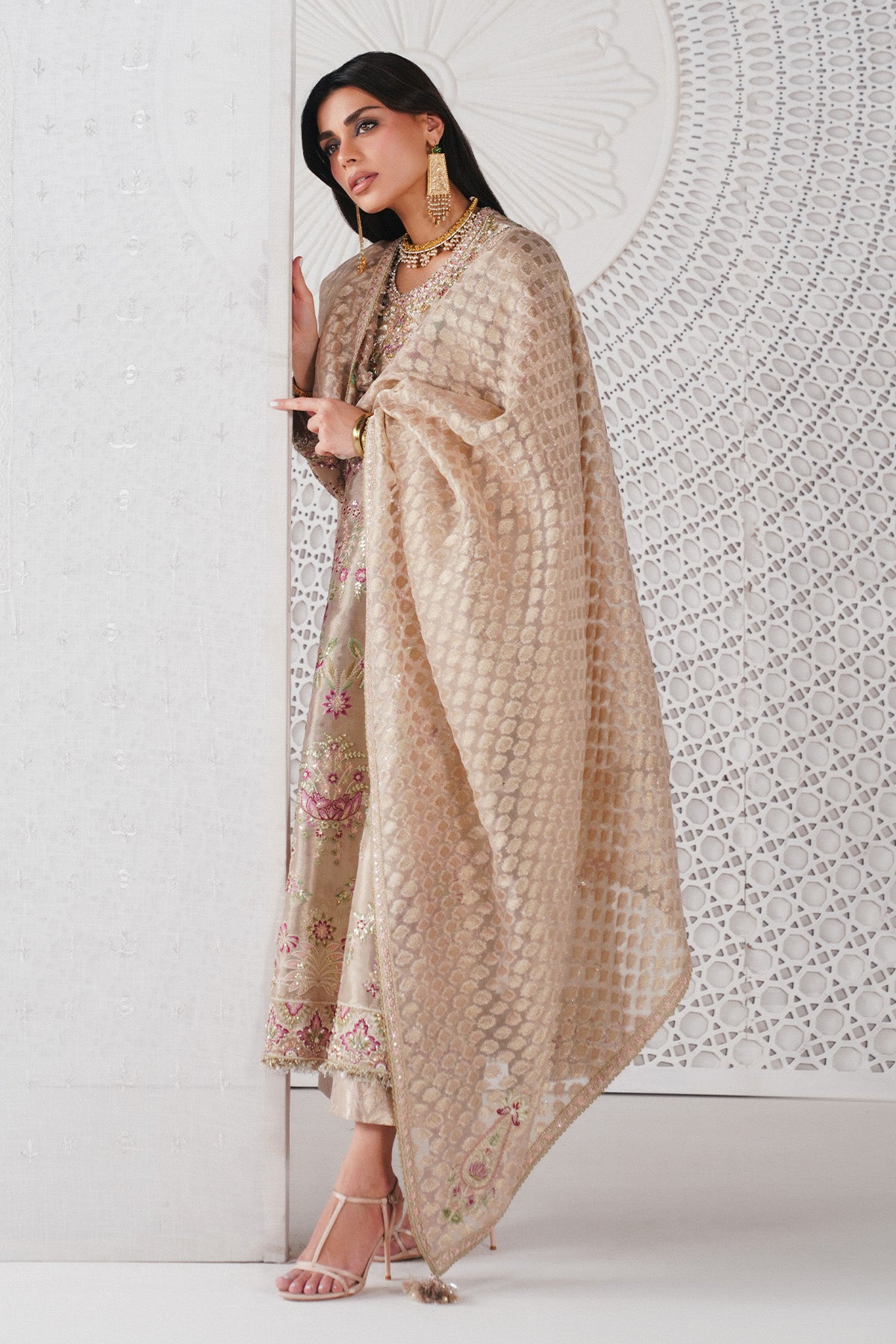 Saad Bin Shahzad Zari – rose gold embroidered Chanderi tissue kurta with culottes from Festive Pret'26 – view 2