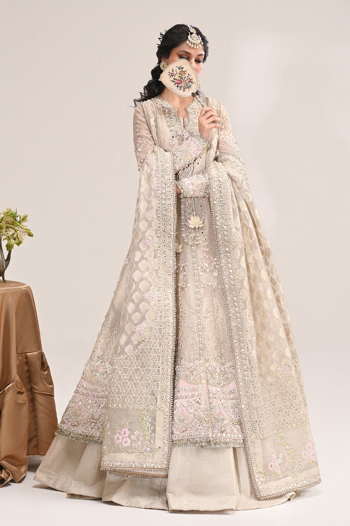 Saad Bin Shahzad Ayla – beige organza angrakha with jamawar lehenga from Kai-Ros Wedding Unstitched'25