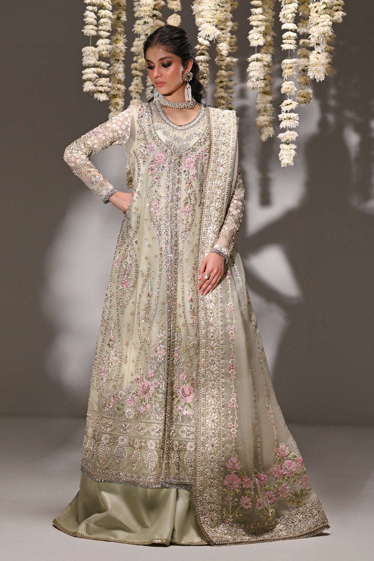 Saad Bin Shahzad Niyah – sage green embroidered organza sharara suit from Kai-Ros Wedding Unstitched'25