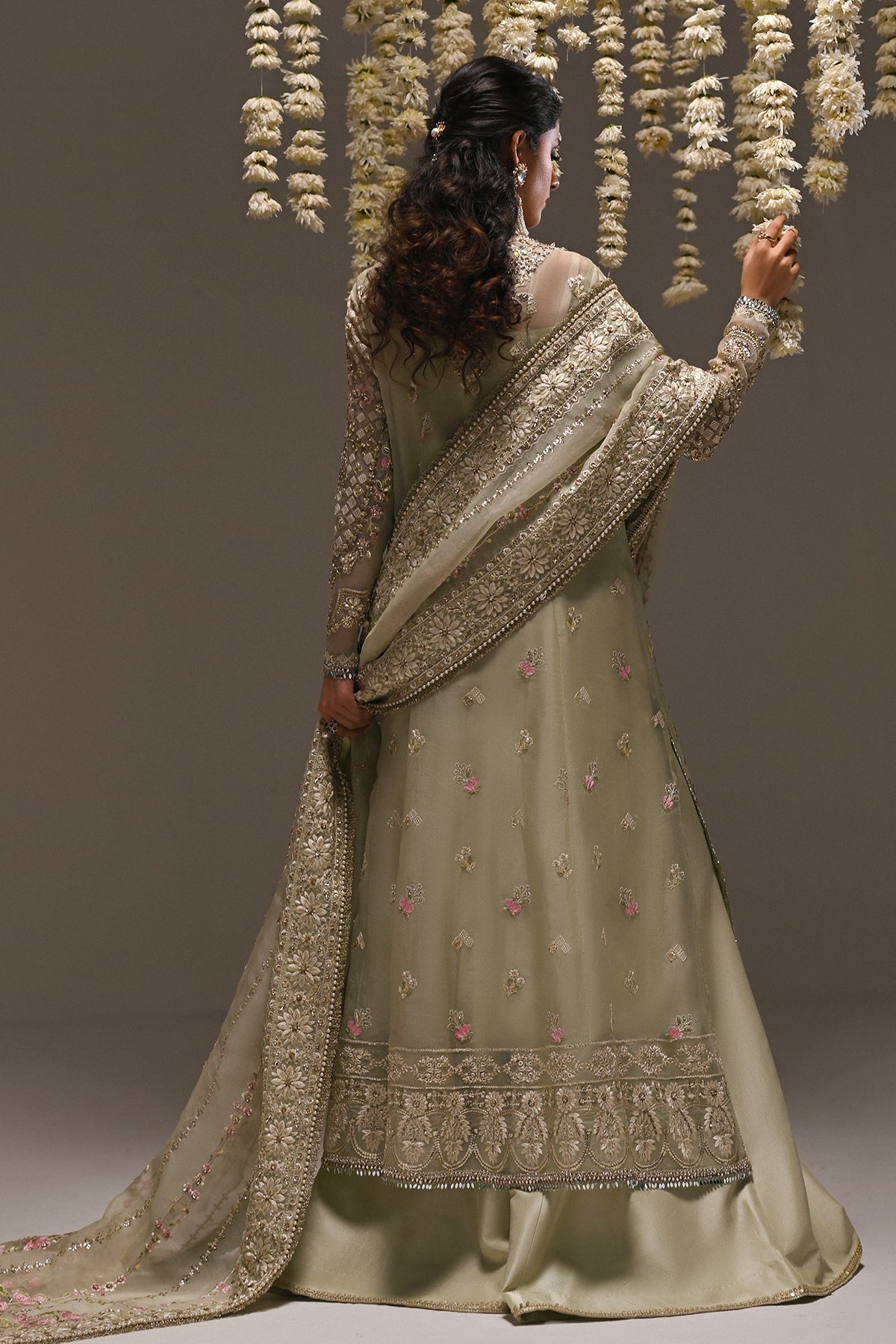 Saad Bin Shahzad Niyah – sage green embroidered organza sharara suit from Kai-Ros Wedding Unstitched'25 – view 2