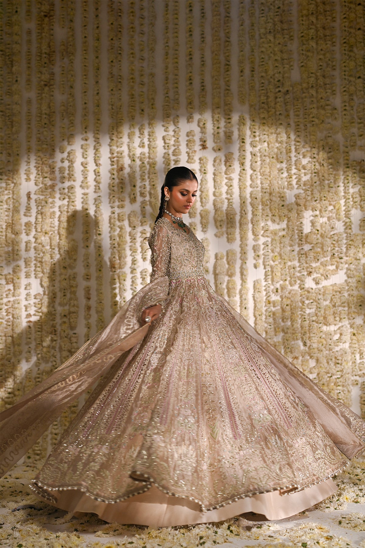 Saad Bin Shahzad Maya – champagne tissue pishwas with lehenga from Kai-Ros Wedding Unstitched'25 – view 2