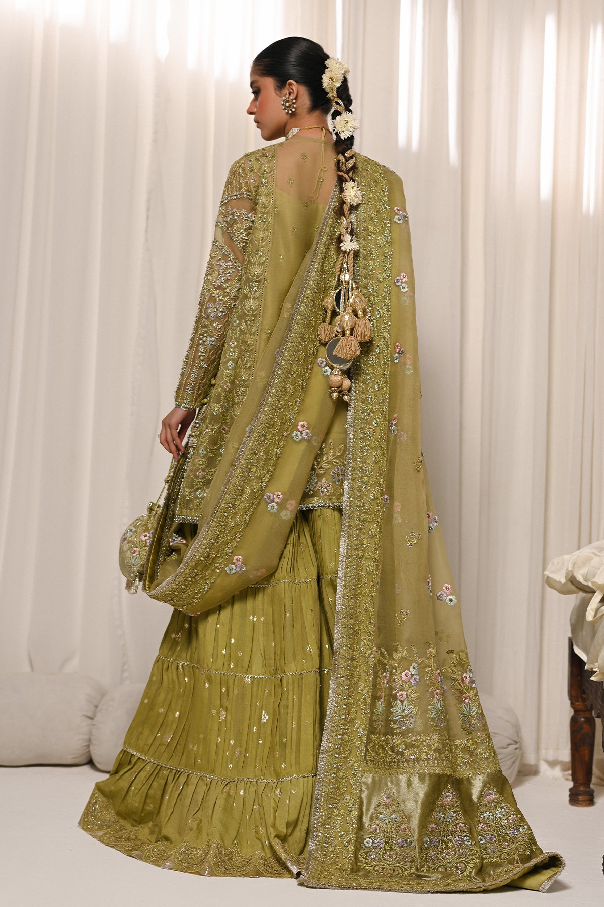 Saad Bin Shahzad Meraki – olive green embroidered organza sharara suit from Kai-Ros Wedding Unstitched'25 – view 2