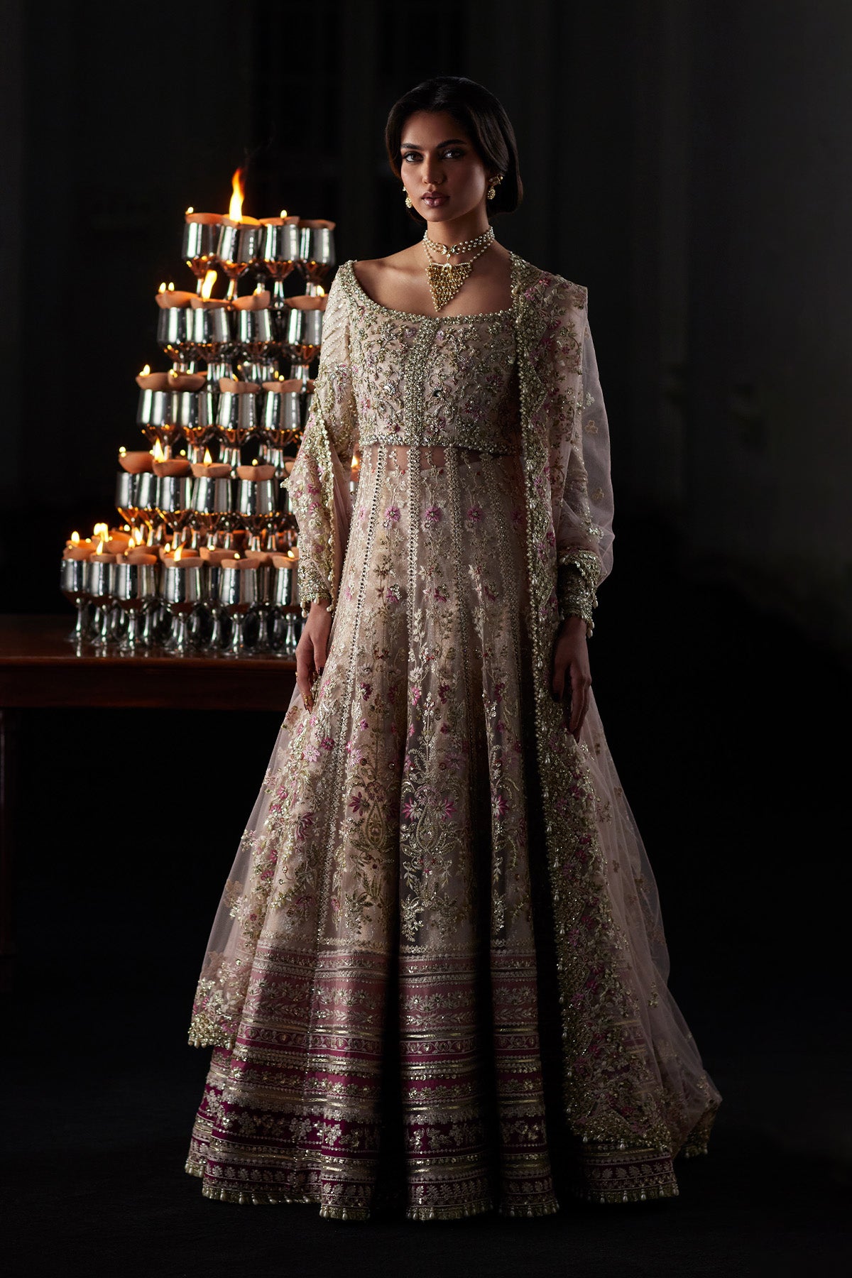 Saad Bin Shahzad Rina – nude pink embroidered net pishwas with jamawar lehenga from El Veneto Luxury Formals