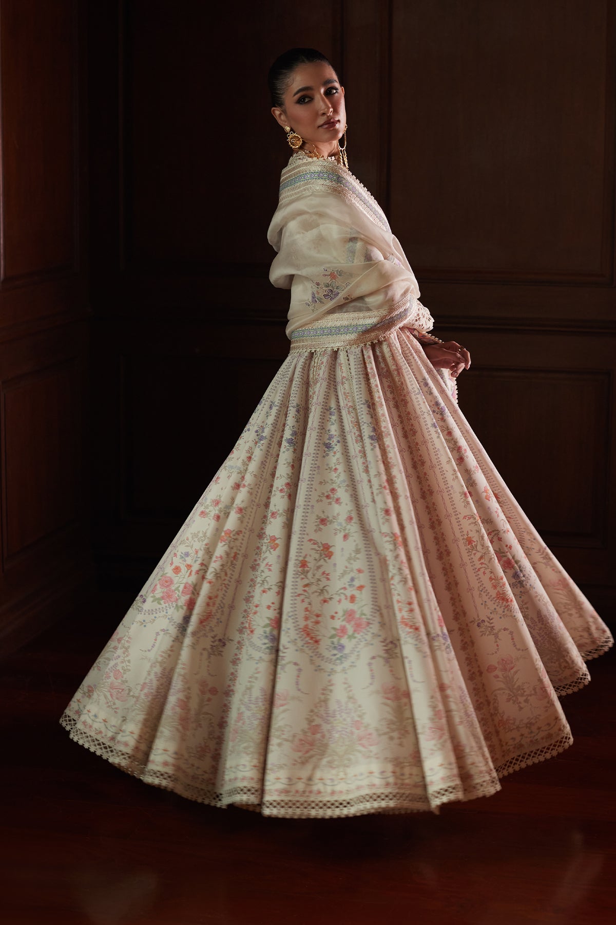 Saad Bin Shahzad Safira – ivory floral printed and embroidered lawn pishwas from Depalpur