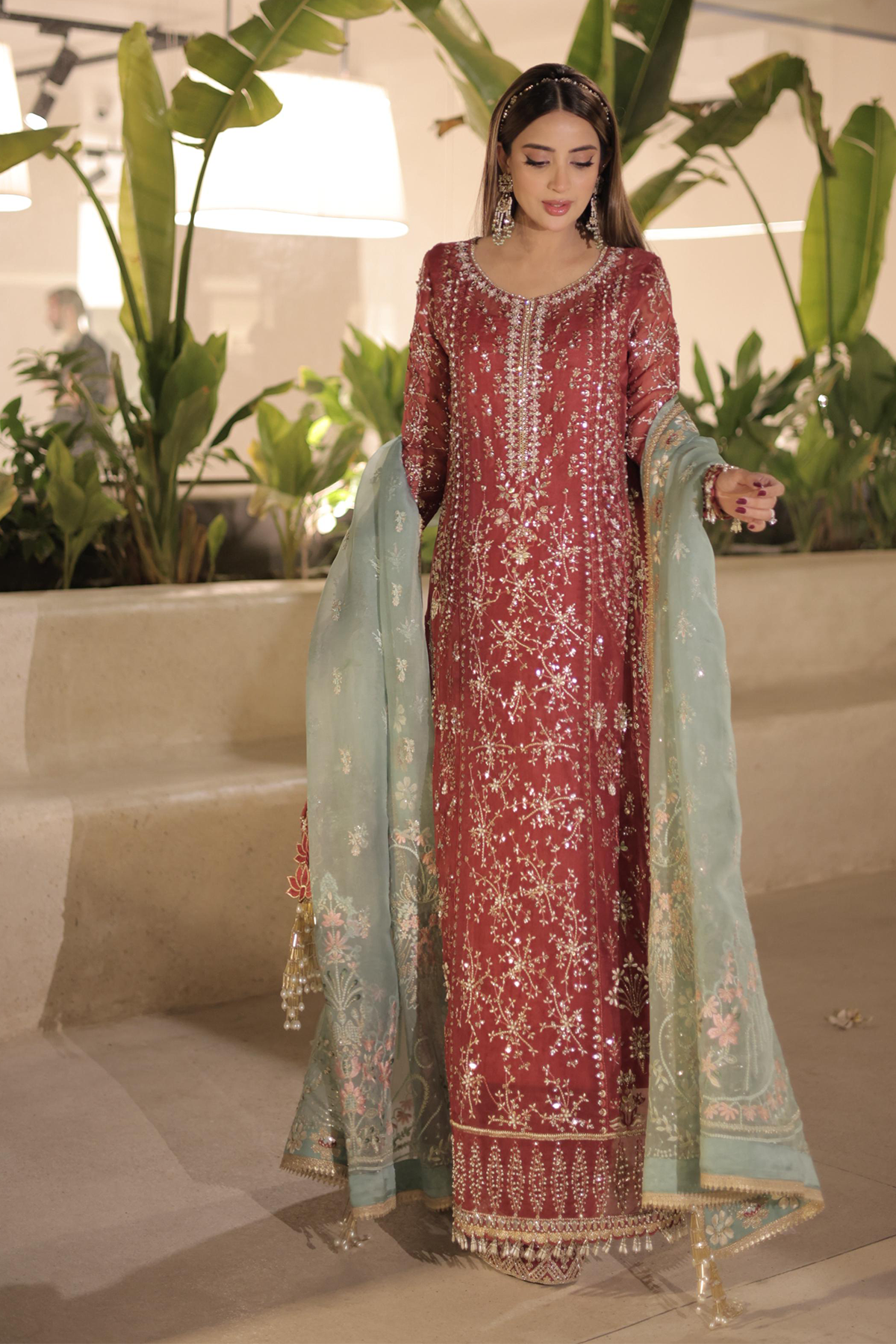 Saad Bin Shahzad Neriha – rust organza kurta with turquoise dupatta from Kai-Ros Wedding Unstitched'25 – view 2